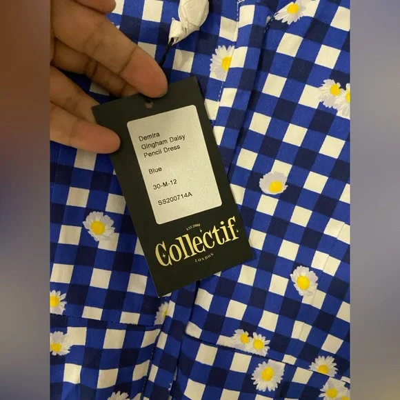 T34a- COLLECTIF LONDON Blue-White GINGHAM Plaid DAISIES Midi DEMIRA Sheath Dress - Picture 4 of 10